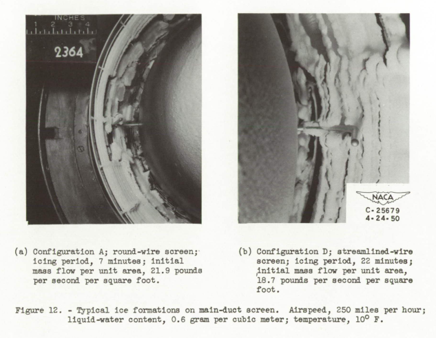 Figure 12. Typical ice formations on main-duct screen. Airspeed, 250 miles per hour;
liquid-water content, 0.8 grain per cubic meter; temperature, 10° F.