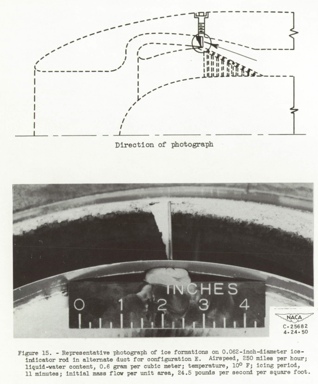 Figure 15. Representative photograph of ice formations on 0.062-inch-diameter ice-
indicator rod in alternate duct for configuration E. Airspeed, 250 miles per hour;
liquid-vater content, 0.6 gram per cubic meter; temperature, 10° F; icing period,
11 minutes; initial mass flow per unit area, 24.5 pounds per second per square foot.