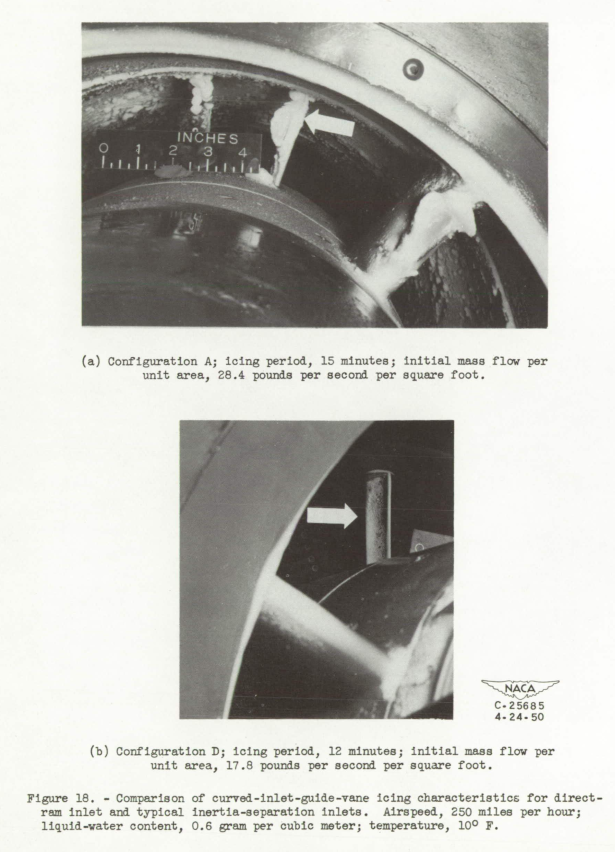 Figure 18. Comparison of curved-inlet-guide-vane icing characteristics for direct-
rem Inlet and typical inertia-separation inlets. Airspeed, 250 miles per hour;
liquid-water content, 0.6 gram per cubic meter; temperature, 10° F.