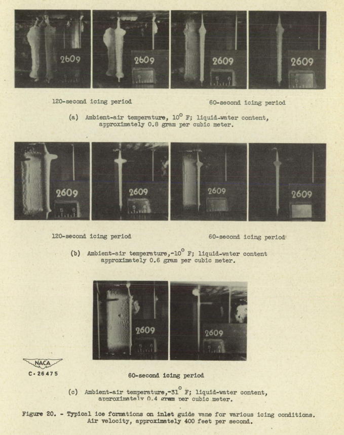 Figure 20. Typical ice formatione on inlet guide vane for various icing conditions, 
Air velocity, approximately 400 feet per second.