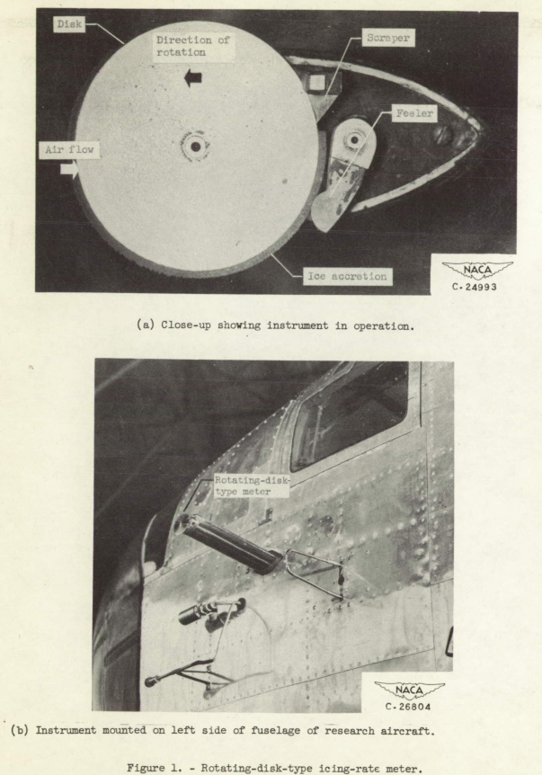 Figure 1. Rotating-disk-type icing-rate meter. (a) Close-up showing instrument in operation. (b) Instrument mounted on left side of fuselage of research aircraft.