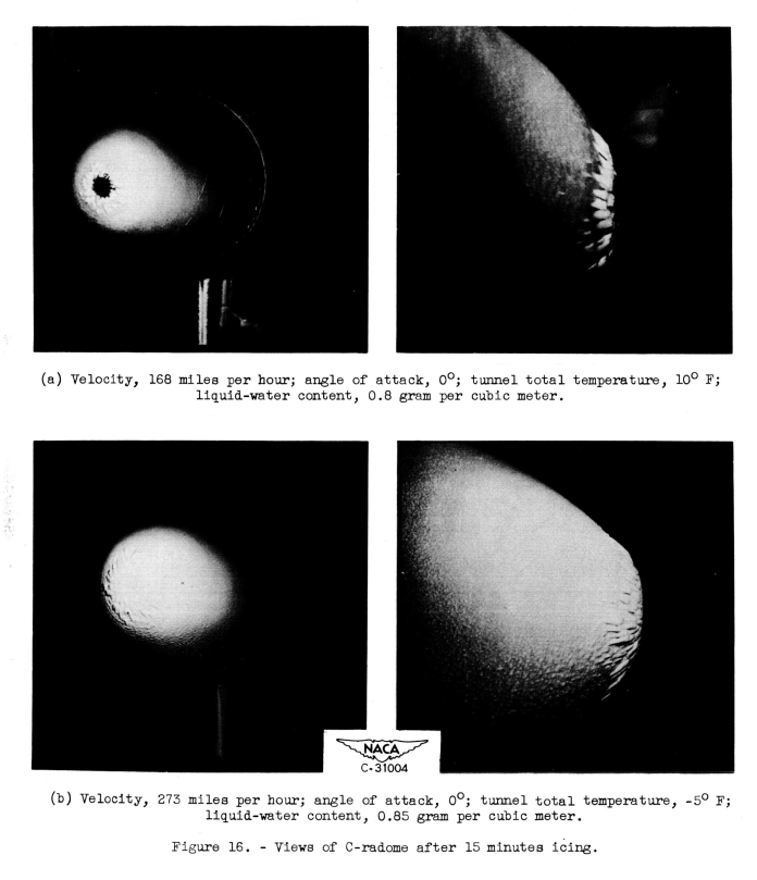 Figure 16. Views of C-radome after 15 minutes icing.
Ice near the leading edge is similar to spread flower petals. 
