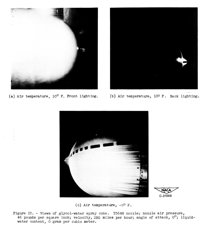 Figure 23. Views of glycol-water spray cone. T364M nozzle; nozzle a i r pressure,
46 pounds per square inch; velocity, 280 miles per hour; angle of attack, 0'; liquid-water 
content, 0 gram per cubic meter.