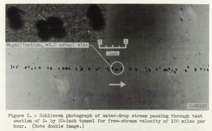 Figure 3. Schlieren photograph of water-drop stream passing through test section 
of 2- by 20-inch tunnel for free-stream velocity of 100 miles per hour.
(Note double image.)