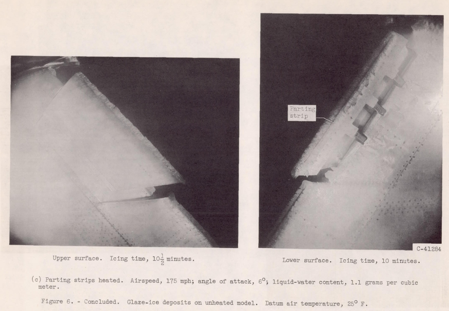 Figure 6c. Glaze-ice deposits on unheated model.
Datum air temperature, 25° F.