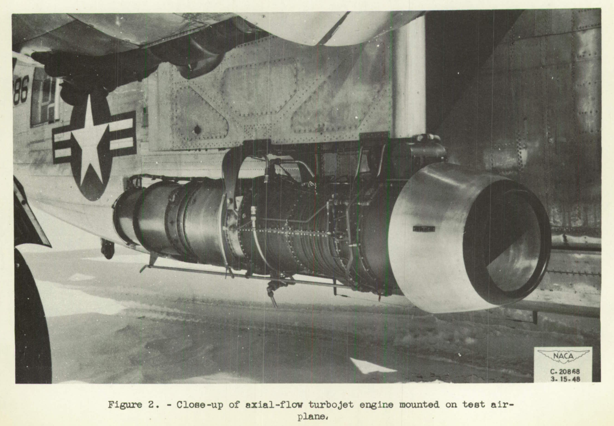 Figure 2. Close-up of axial-flow turbojet engine mounted on test airplane.