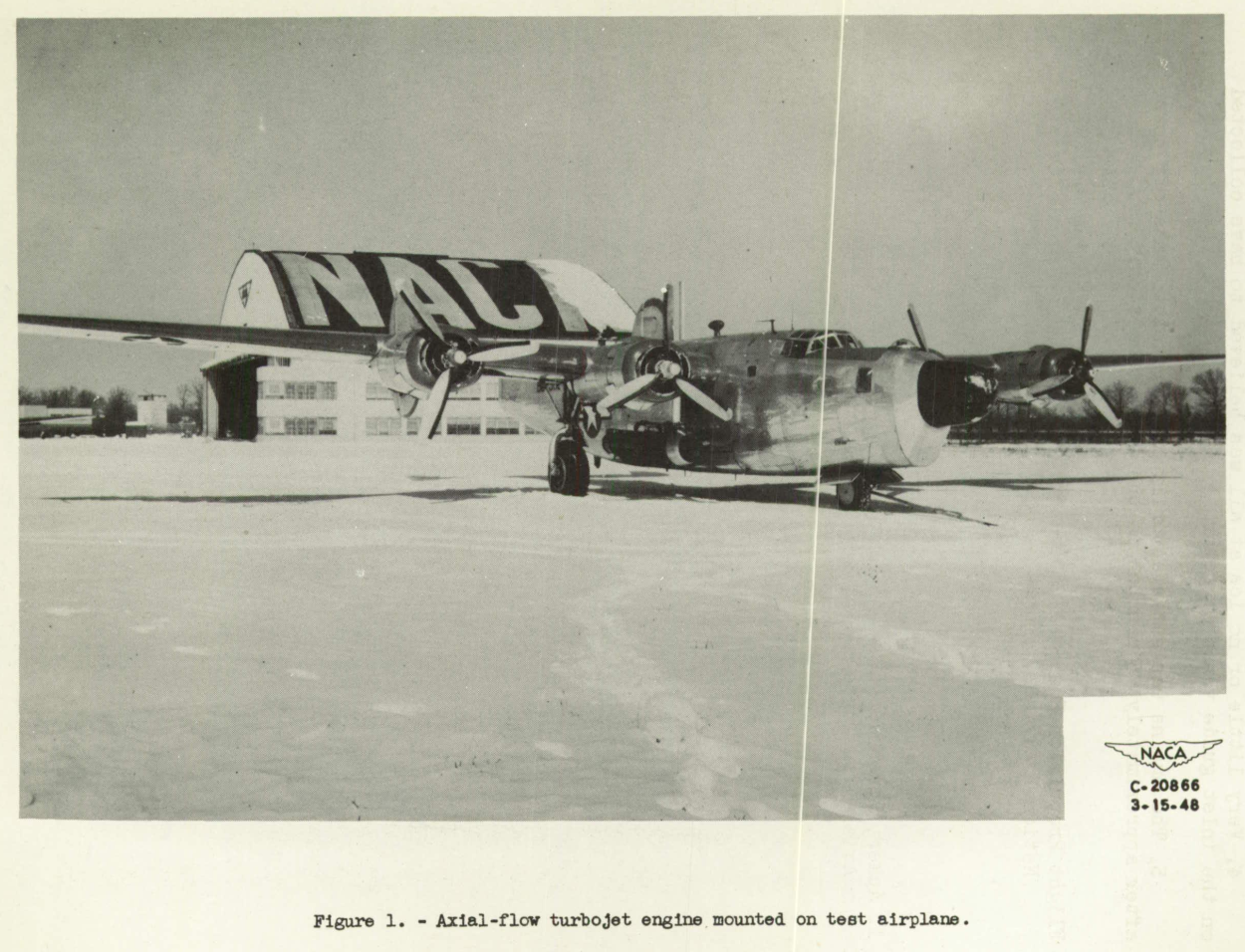 Figure 1. Axial-flow turbojet engine mounted on test airplane.