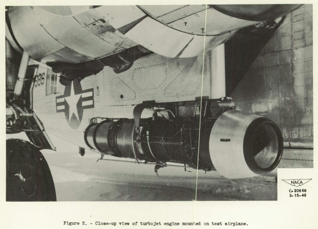 Figure 2. Close-up of axial-flow turbojet engine mounted on test airplane.