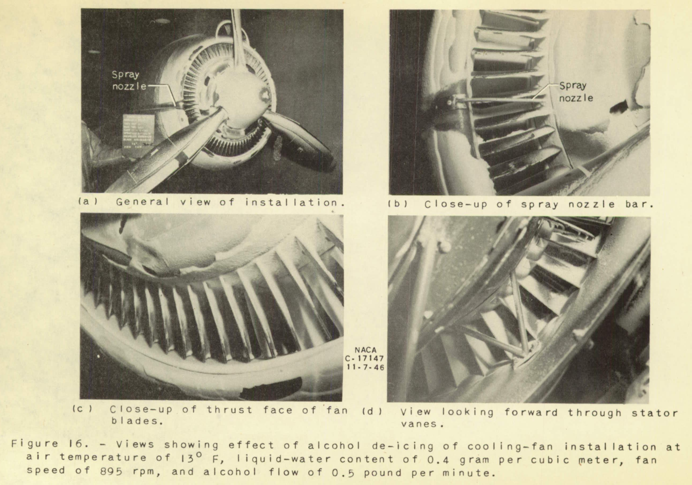 Figure 16. Views showing effect of alcohol de-icing of cooling-fan installation 
at air temperature of 13 F, liquid-water content of 0.4 gram per cubic meter, 
fan speed of 895 rpm, and alcohol flow rate of 0.5 pounds per minute.