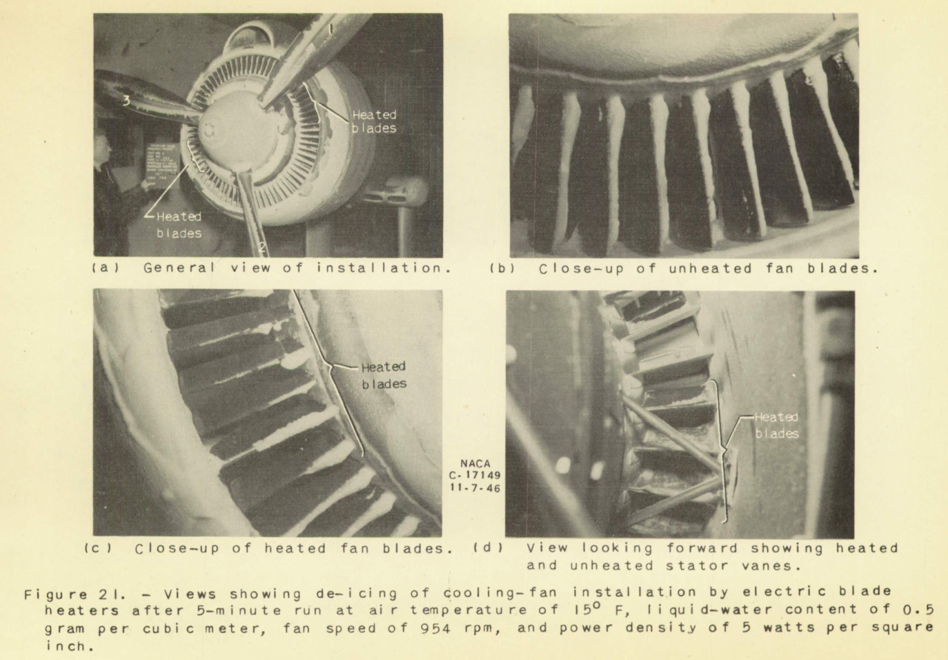 Figure 21. Views showing de-icing of cooling-fan installation 
by electric blade heaters after 5-minute run 
at air temperature of 15 F, liquid-water content of 0.5 gram per cubic meter, 
fan speed of 954 rpm, and power density of 5 watts per square inch.