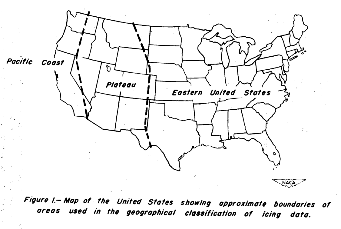 Figure 1. Map of the United States showing approximate 
boundaries of areas used in the geographical classifications 
of icing data.