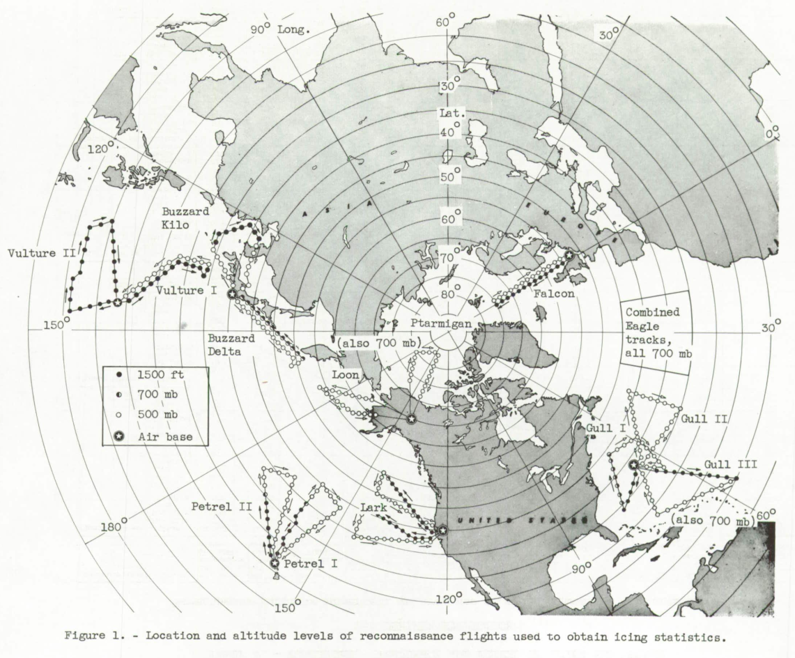 Figure 1. Location and altitude levels of reconnaissance flights used to obtain icing statistics.