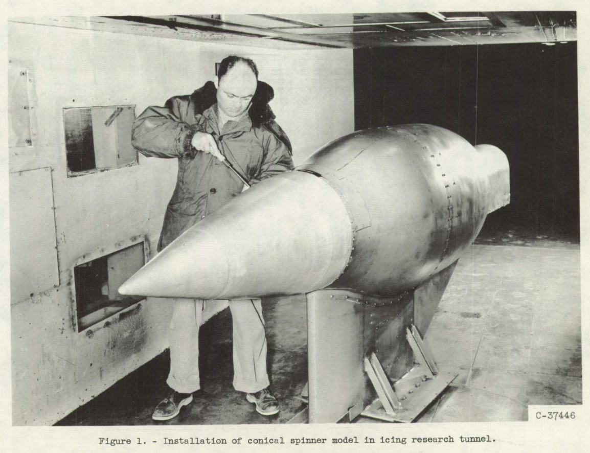 Figure 1. Installation of conical spinner model in the icing research tunnel.