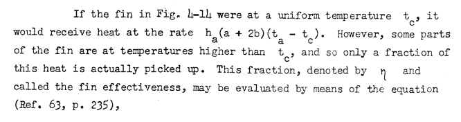 If the fin in Figure 4-14 were at a uniform temperature t_c, it 
would receive heat at the rate h_a*(a+2*b)*(t_a-t_c). However, some parts 
of the fin are at temperatures higher than t_c, and so only a fraction of 
this heat is actually picked up. This fraction, denoted by eta and 
called fin effectiveness, may be evaluated by means of the equation
(Ref. 63, p. 235).