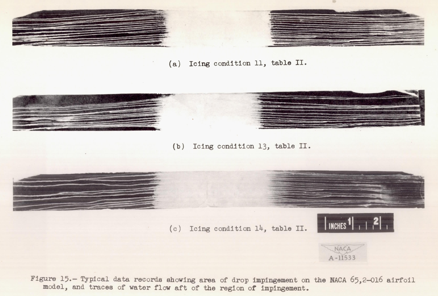 Figure 15. Typical data records showing area of drop impingement on the NACA 652-016 airfoil model, and traces of water flow aft of the region of impingement.