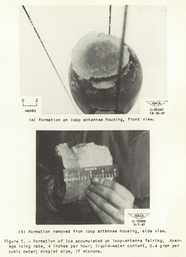 Figure 7. Formation of ice accumulated on loop-wire antenna fairing. 
Average liquid icing rate, 4 inches per hour; liquid water-content, 
0.4 grams per cubic meter; drop size, 17 microns.